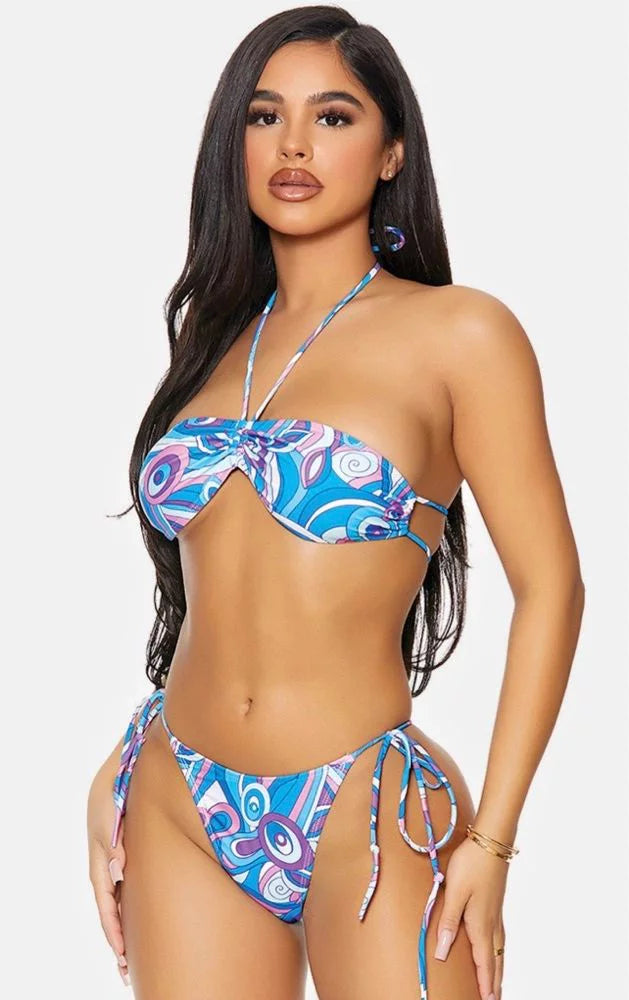 Two-Piece Sizeet of Blueberry Blue Purple Grenada Bandeau Bikini with Gathered Drawstring Tie Sizeide Bottoms (M)