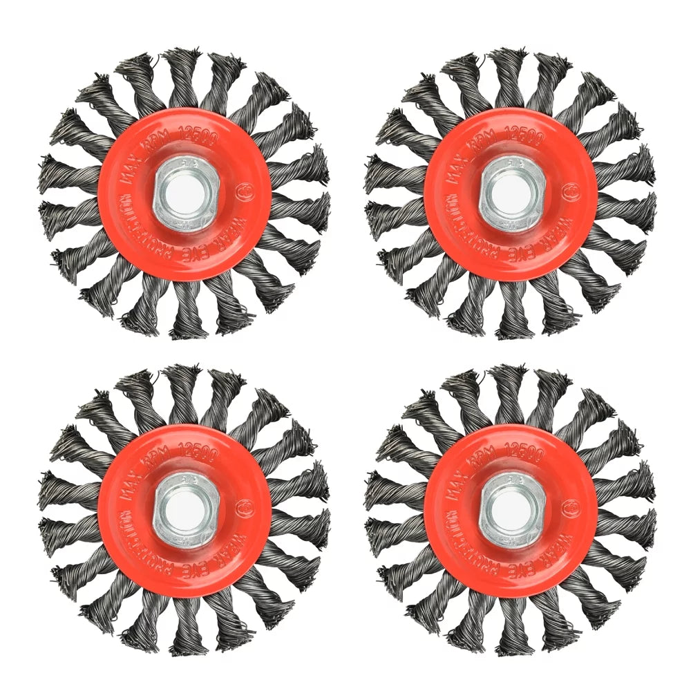 4 Pack Brush,  4 Inch Twist Knotted Wire Cup Brush, Twist Wire Wheel for Grinders, 5/8"-11 UNC