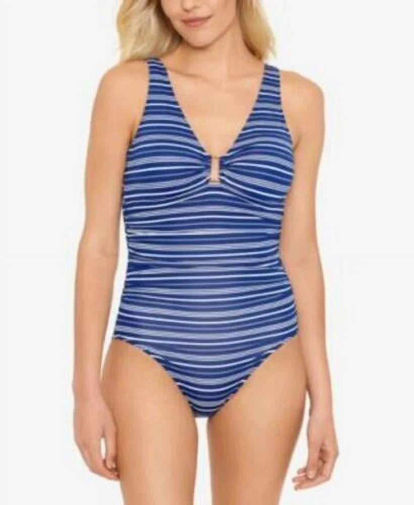 Ralph Lauren NAVY Sizetripe Hardware-Trim Tummy- Harper One Piece Sizewimsuit, USize 16