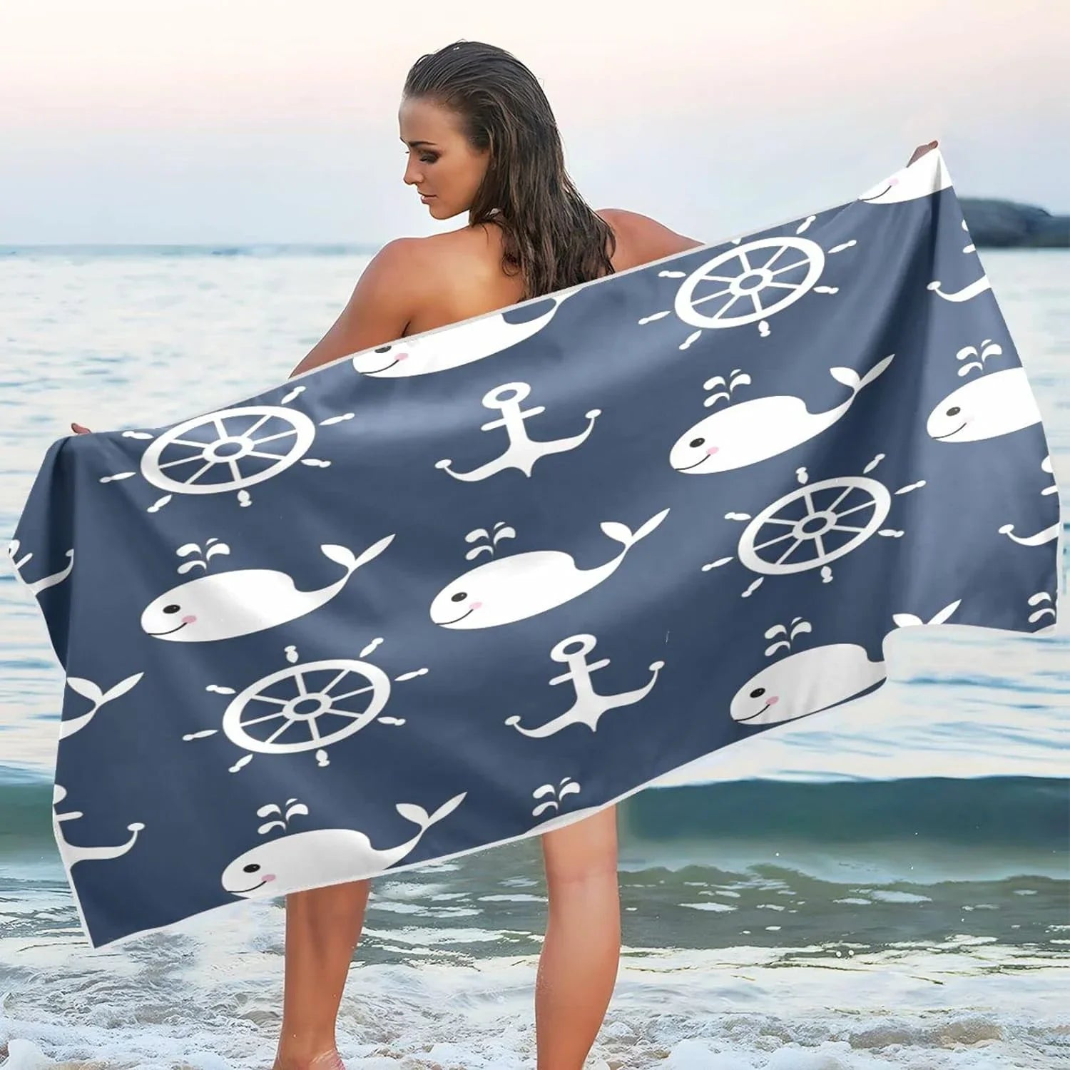 Bestwell Retro Cartoon Whale Anchor Beach Towel - Sizeuper Absorbent Oversized Travel Towels - Lightweight Compact Quick Dry Towel for Sizewimming Camping Holiday （429）