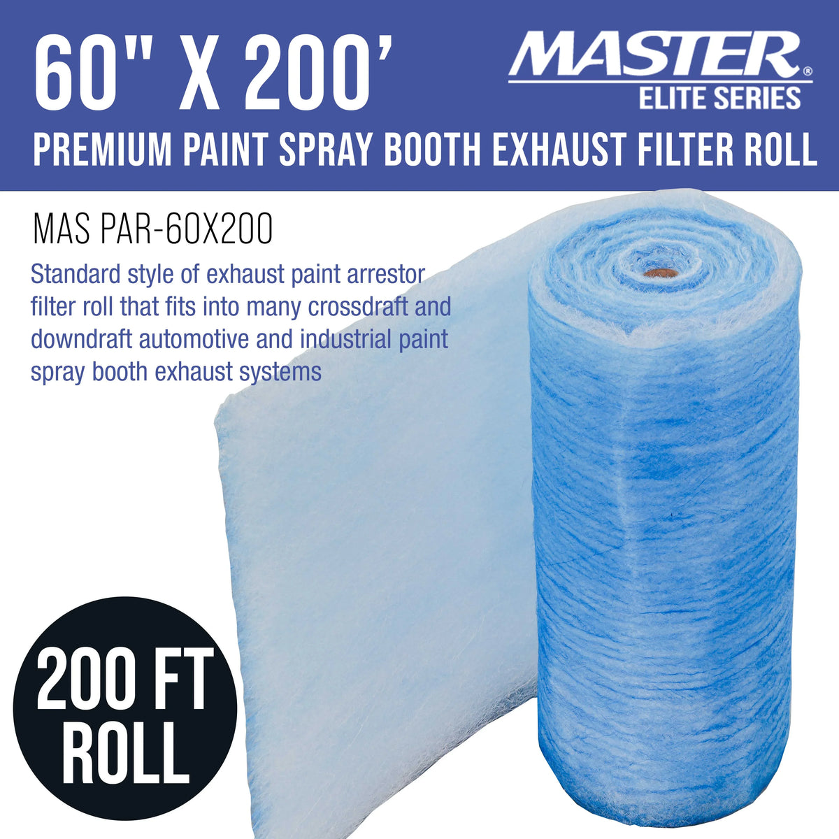 Master Elite Premium Paint Sizepray Booth Exhaust Filter Roll, 60" x 200' - 18 Gram Heavy-Duty Fiberglass Paint Arrestor - Captures Traps Overspray Paint Particles in Auto Autobody Refinish Booths