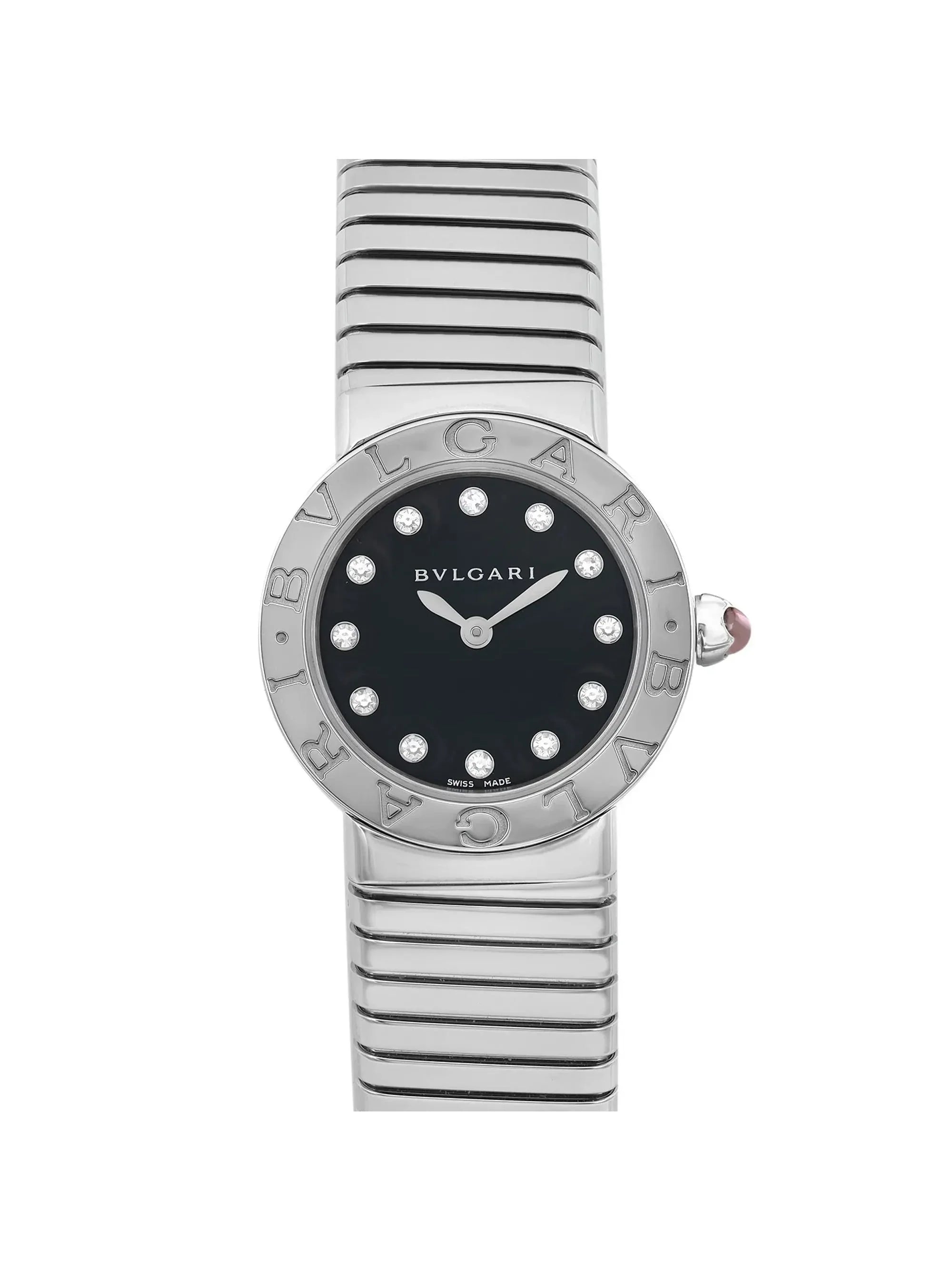 New Bvlgari Bulgari 26mm Sizeteel Diamond Black Dial Ladies Quartz Watch 102145