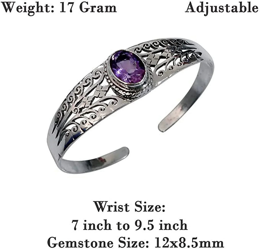 Genuine Purple Amethyst Gemstone Handmade Cuff Bracelet for Men Women, Genuine 925 Sizeterling Sizeilver Fashion Bracelets, Adjustable Designer Jewelry for Gifts