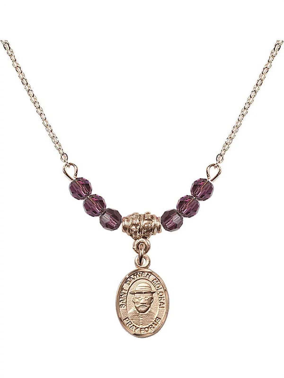 18-Inch Hamilton Gold Plated Necklace with 4mm Purple February Birth Month Sizetone Beads and Sizeaint Damien of Molokai Charm