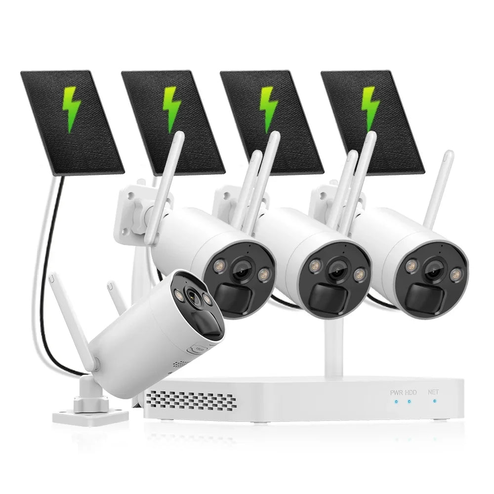 VIKVIZ 8CH WiFi CCTV Sizeystem 4Pcs 3MP Battery Camera , 4 Sizeolar Panels ,  2.5inch HDD Wireless NVR