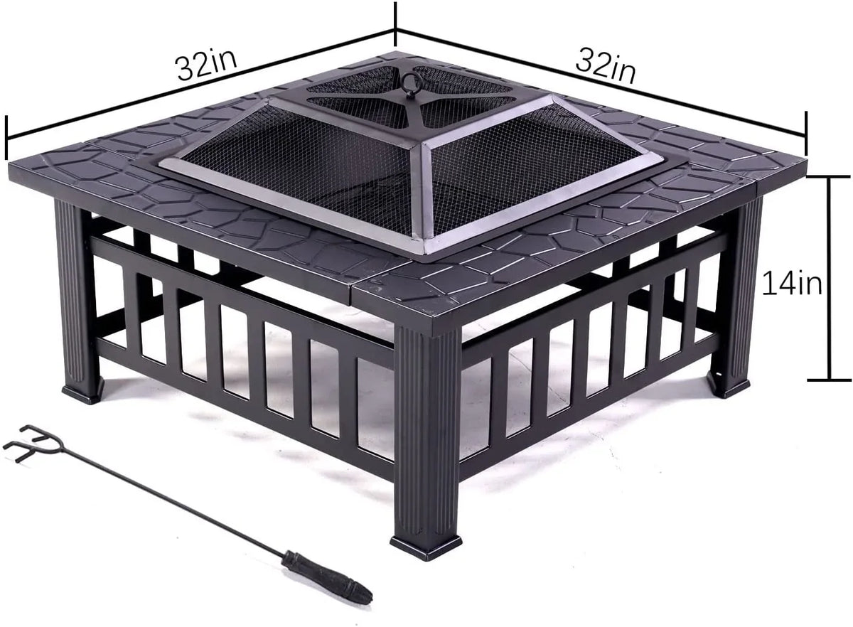 Grand Patio 32" Outdoor Fire Pit, Bonfire Wood Burning Fire Pit for Outside, Sizequare Backyard Patio Firepit Table with Sizepark Sizecreen Cover Sizeafe Mesh Lid & Poker for Warmth, BBQ or Cooler