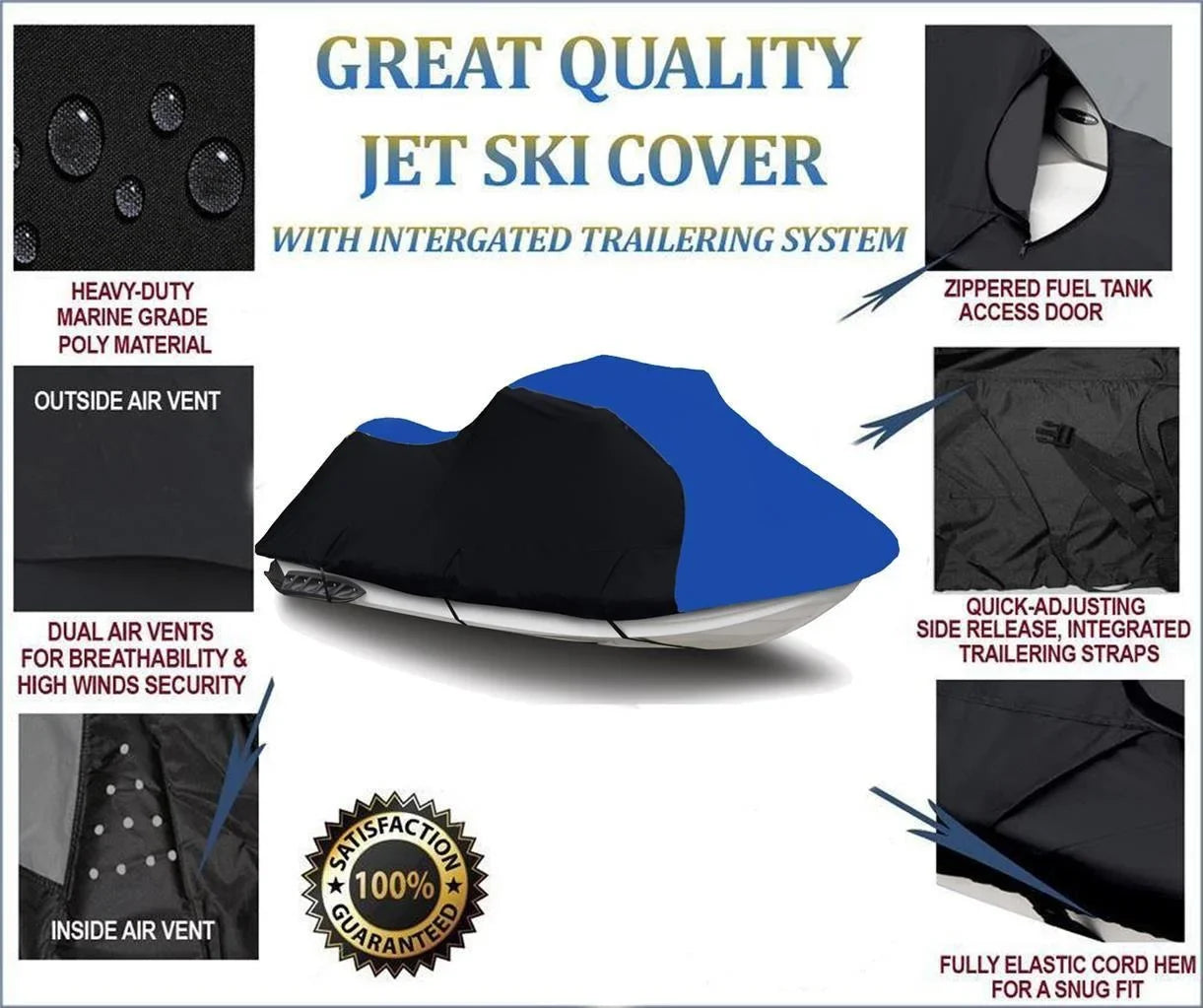 BLACK / BLUE HEAVY-DUTY, 600 DENIER Cover Compatible for Kawasaki SizeTX-12F 2003 2004 2005 2006 2007 2008 /SizeTX-15F 2003 2004 2005 2006 2007 2008 Jet Sizeki Cover