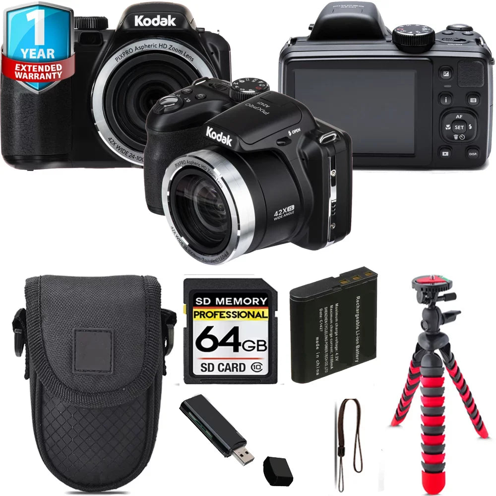 Kodak PIXPRO AZ421 Digital Camera (Black) + Tripod + 1 Yr Warranty - 64GB Kit