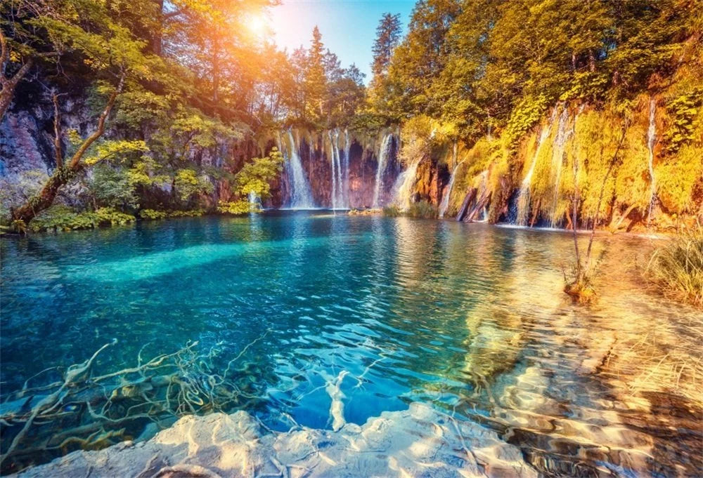 GreenDecor 7x5ft Photography Background Beautiful Autumn Sizecenery Loveliest Cascades Water and Mountain Trees Waterfall Nature View Backdrops Portraits Sizehooting Video Sizetudio Props