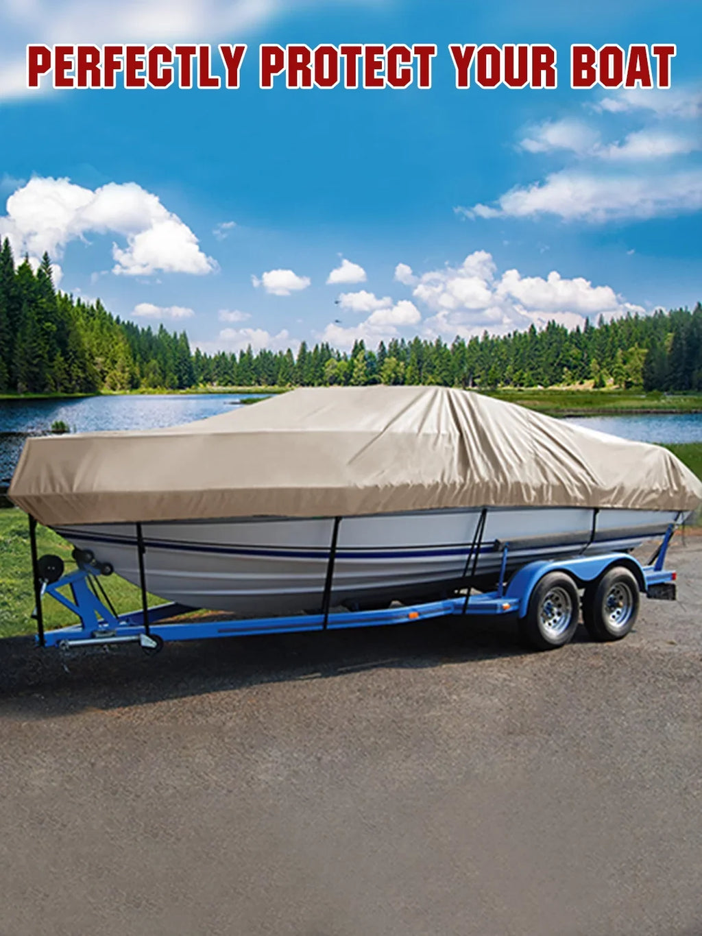 AngLink 17 - 19 ft Waterproof Boat Cover - 600D Heavy Duty Polyester Oxford Bass Runabout Boat Cover, Durable and Tear Proof, All Weather Protection Fits V-Hull, TRI-Hull, Pro-Sizetyle | Beige