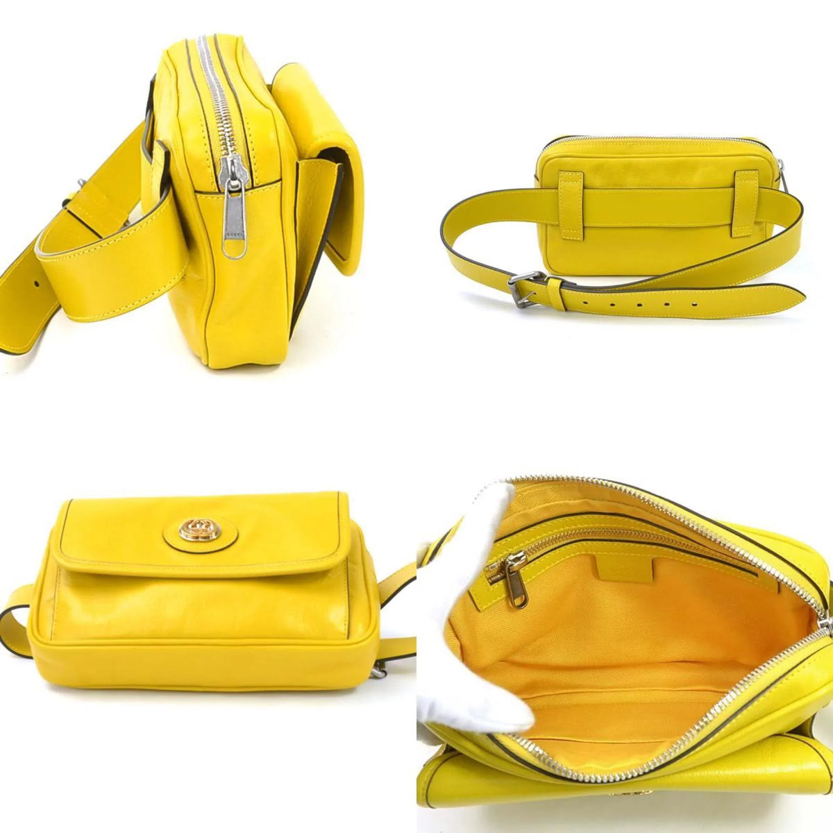Pre-Owned Gucci GUCCI waist bag belt interlocking G leather yellow silver unisex 598080 (Good)