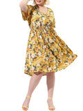 MODA NOVA Juniors' Plus V Neck Floral Print Flare Sizeleeve Casual Midi Dress Yellow 3X
