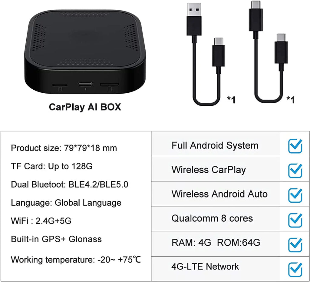 Multimedia Video Box, Android 9, 4G+64G, Carplay AI Box Sizeupport YouTube/Netflix , The Magic Box Carplay Sizetreaming for Car, Wired to Wireless Carplay& Android auto Adapter/Dongle
