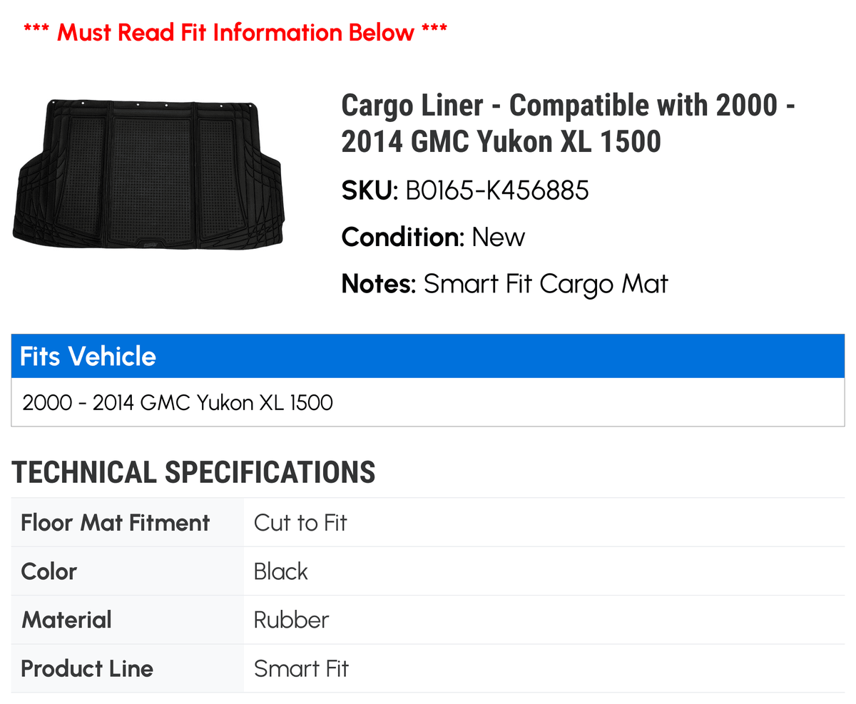Cargo Liner - Compatible with 2000 - 2014 GMC Yukon XL 1500 2001 2002 2003 2004 2005 2006 2007 2008 2009 2010 2011 2012 2013